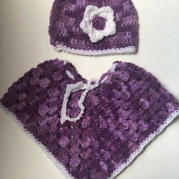 Baby Poncho and Hat Set Shades of Purple Size 6-12M Ready To ship - Picture 3 of 5